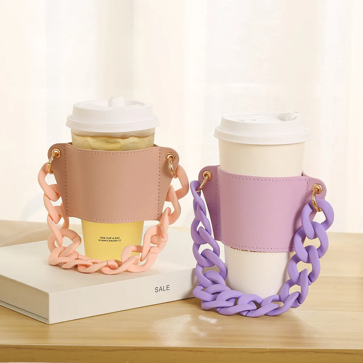 Reusable Coffee Cup Holder with Handle PU Leather  Anti Scalding Anti Freezing Drinks Carrier Cover with Multiple Chain Styles