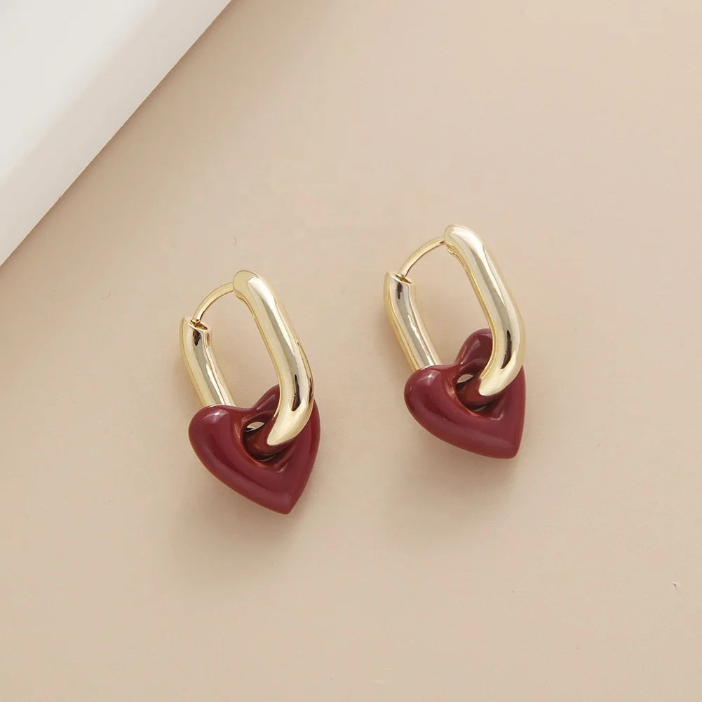 18K Gold Chunky Hoop Earrings with Love Heart Charm Enamel Red Trendy Copper Huggie Jewelry for Anniversaries