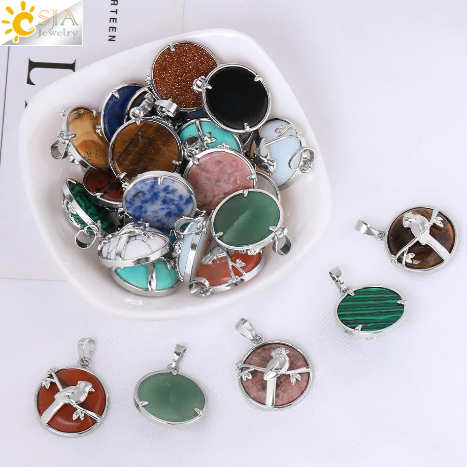 CSJA Wholesale Stainless Steel Natural Stone Amethysts Bead Magpie Animal Crystal Necklace Pendant Charm for Women Men H105