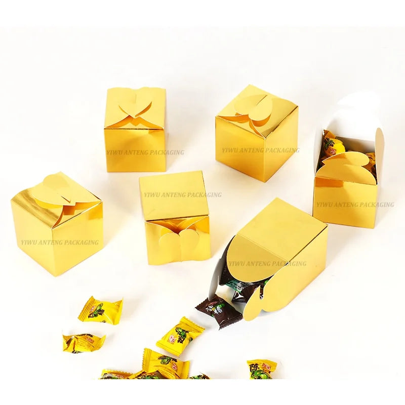 Wedding Favors Friendly Heart Design 2.5x2.5x2.5 Inch Metallic Gold Paper Favor Boxes for Wedding Candy Chocolate Ball Packaging