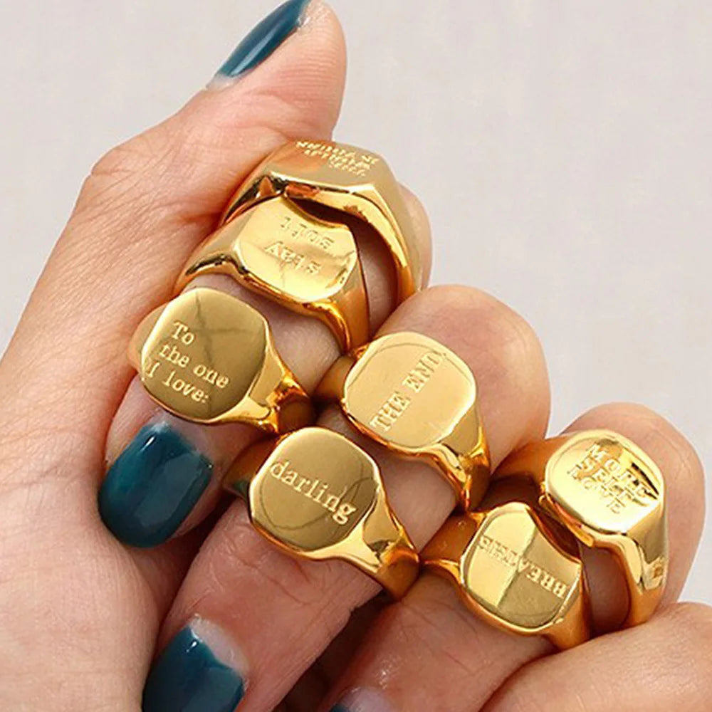 Stainless Steel Engraved English Letter Rings Women Men 18K Gold Plated Waterproof Sweet Words Wholesale Bulk