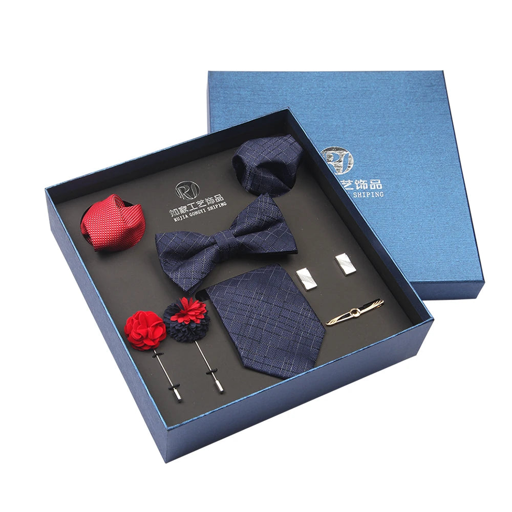 A Set of Nine Pieces Micro-polyester Woven Jacquard Navy Neck Ties Bowtie and Pocket Square Flower Lapel Cufflink Tie Bar