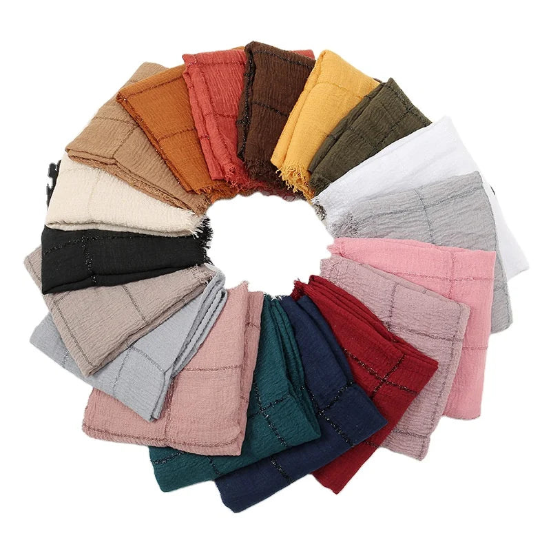 New Ethnic Striped Crinkle Cotton Tassel Hijab Shimmer Lurex Viscose Scarf Arab Headscarf Women Shawls Wraps for Muslims