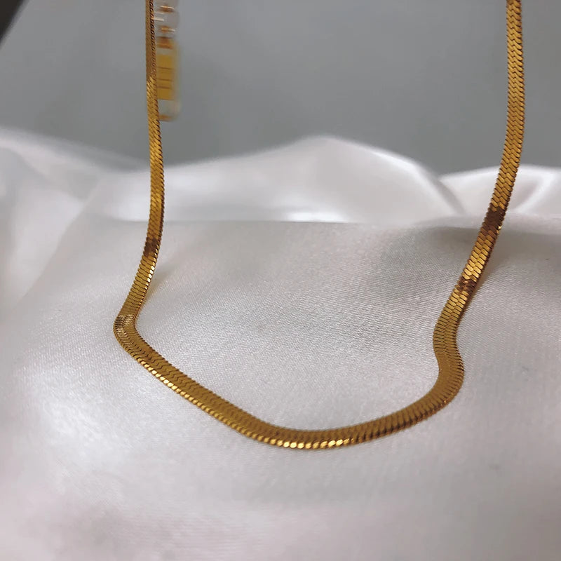 Dainty Women Jewelry 3mm Flat Snake Chain Choker Necklace 18K Gold Plated Solid Herringbone Necklace Chain for Women Girl
