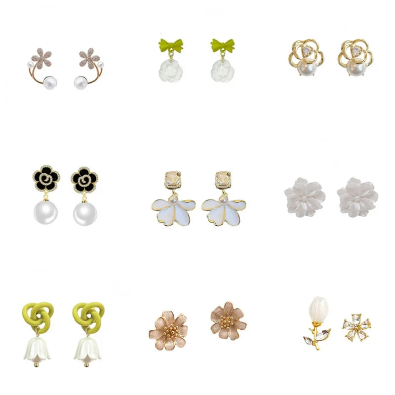 Wholesale Korean Simple Flower Stud Earrings Romantic Rose Camellia Lovely Convolia Tassel Student Drop Earrings S925
