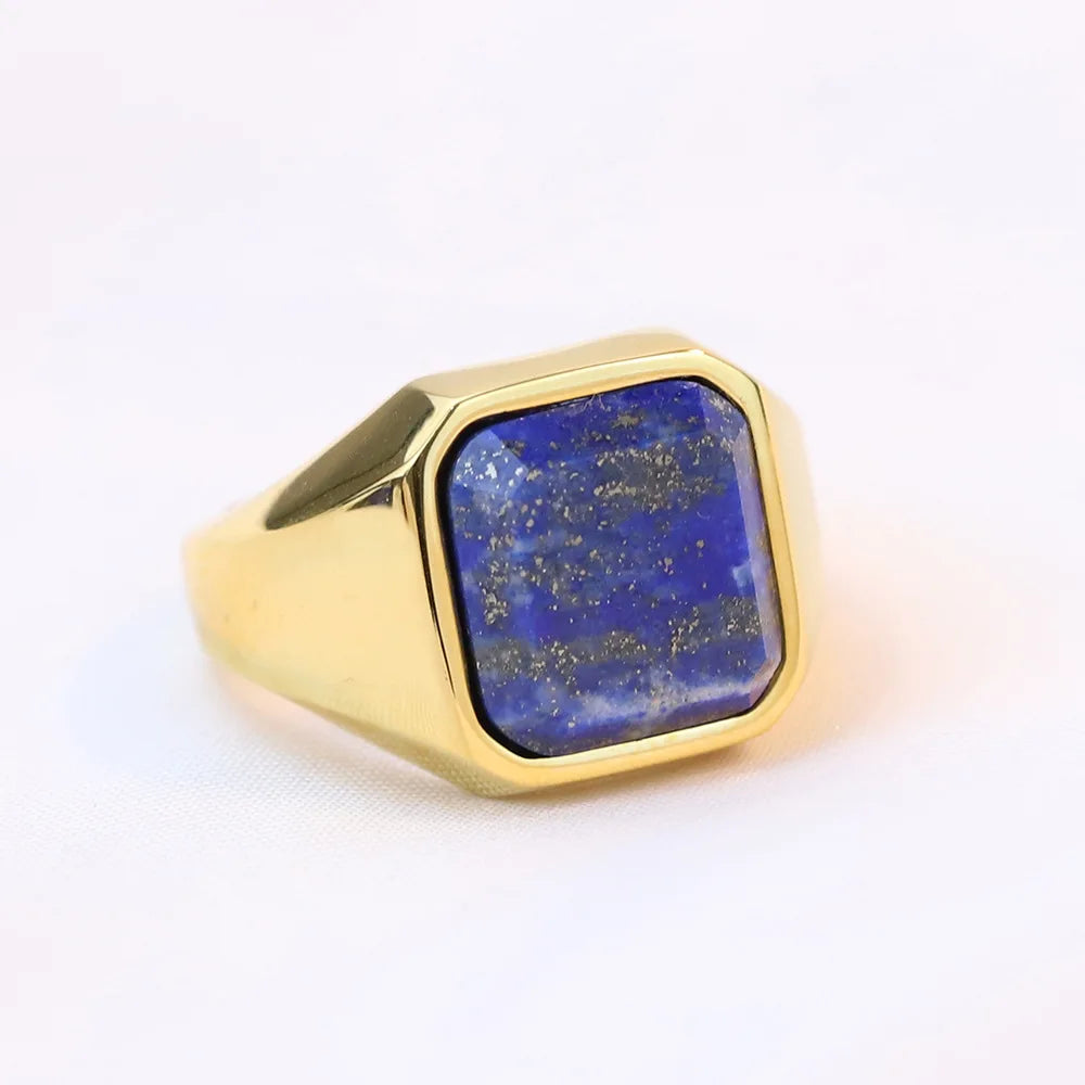 Natural Lapis Lazuli Stainless Steel Change Trend Ring Waterproof Vintage Men Ring Jewelry