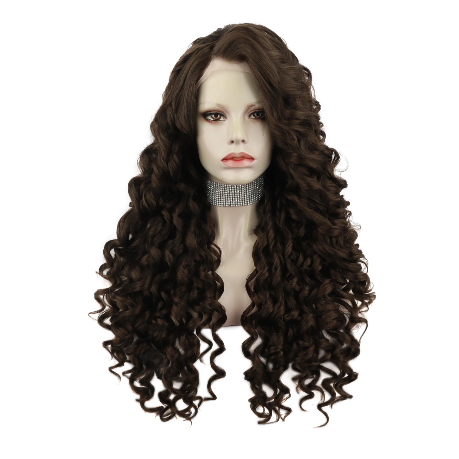Celebrity  Dark Brown Curly Futura Heat Resistant Henlon Fibre Transparent Synthetic Hair Lace Front Party Wigs