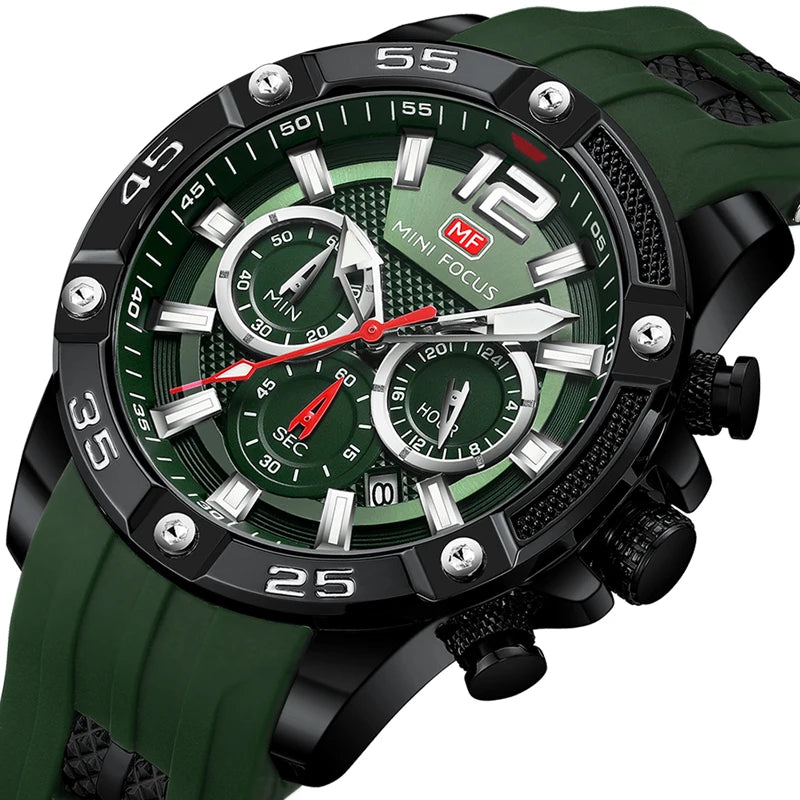 MINI FOCUS MF0349G Luxury Fashion Business Sport Men's Silicone Wristwatch Waterproof Luminous Quartz Chronograph Pointer Dial