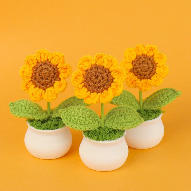 Finished Cross-Border Knitted Wool Sunflower Potted Artificial Plant Stylish Decorative Flowers Small Gifts for Study Leaf Shape