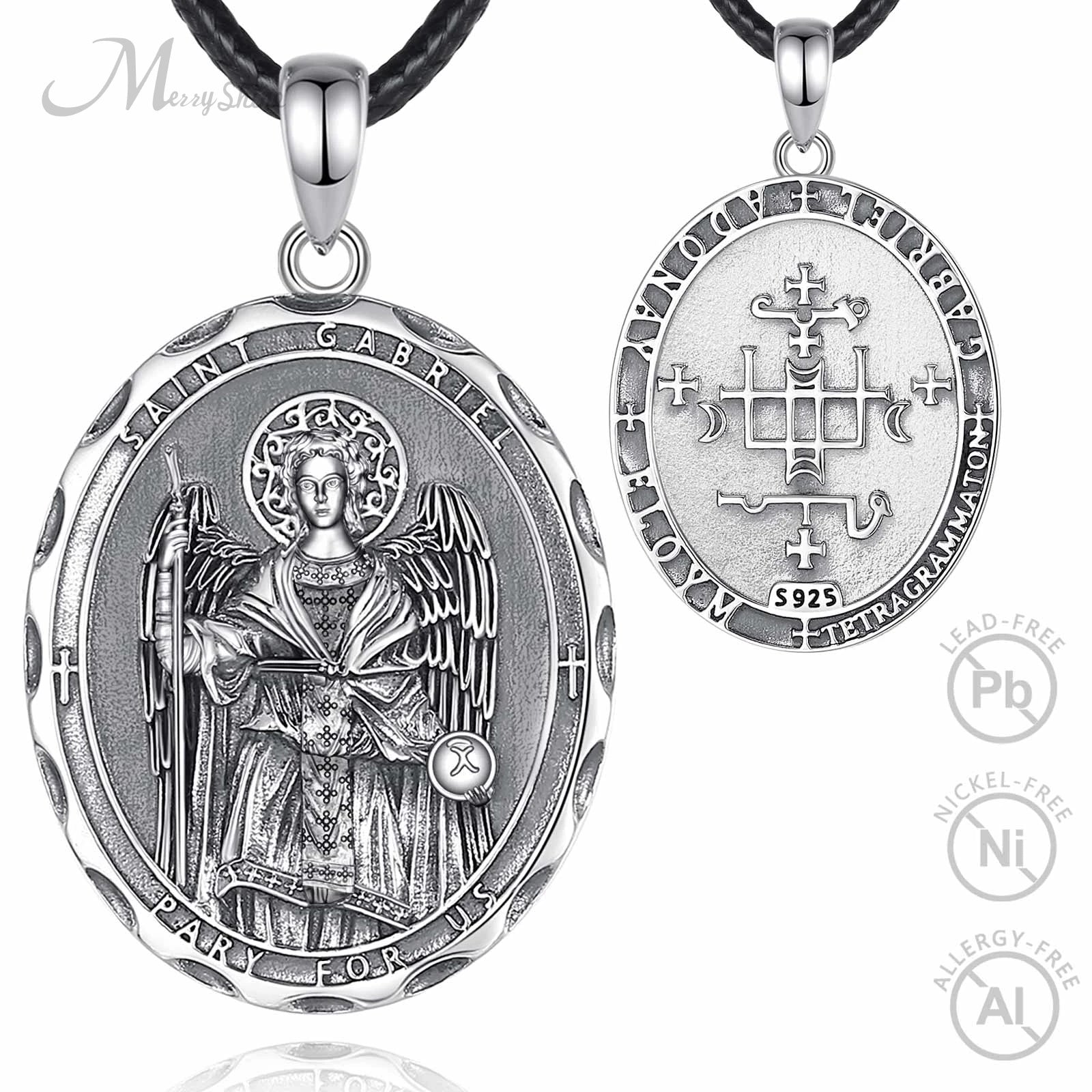 Merryshine 925 Sterling Silver Religious Round 7 Archangel Patron St Saint Gabriel Amulet Necklace for Men