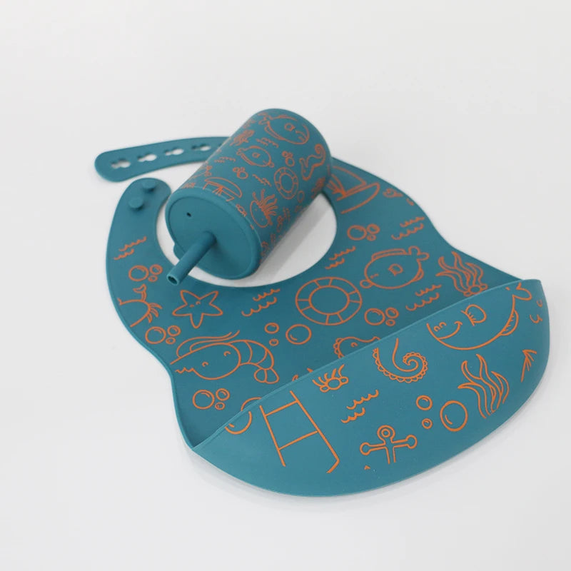 Wholesale Available Printed Patterns 2 Stocks Colors Silicone Bib Cup Set for Baby Kids Dining Feeding