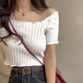 RNSHANGER Summer Korean Women Off Shoulder T-shirts Fashion Knitted Ruffles Hem Crop Tops Short Sleeve T-shirts for Women