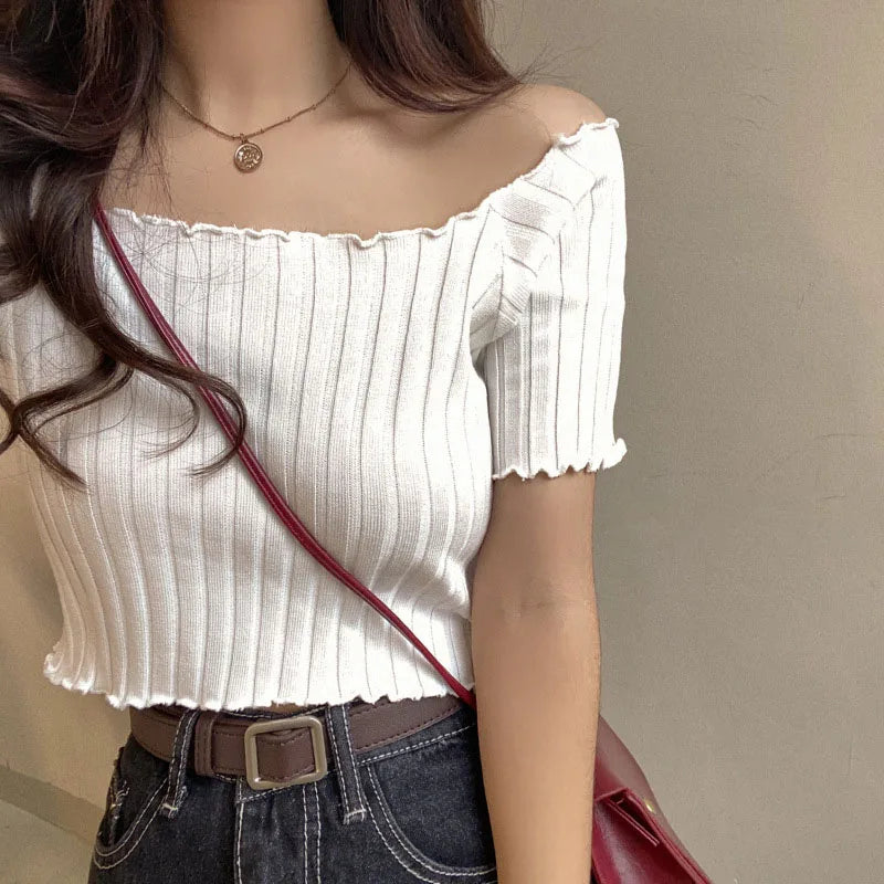 RNSHANGER Summer Korean Women Off Shoulder T-shirts Fashion Knitted Ruffles Hem Crop Tops Short Sleeve T-shirts for Women