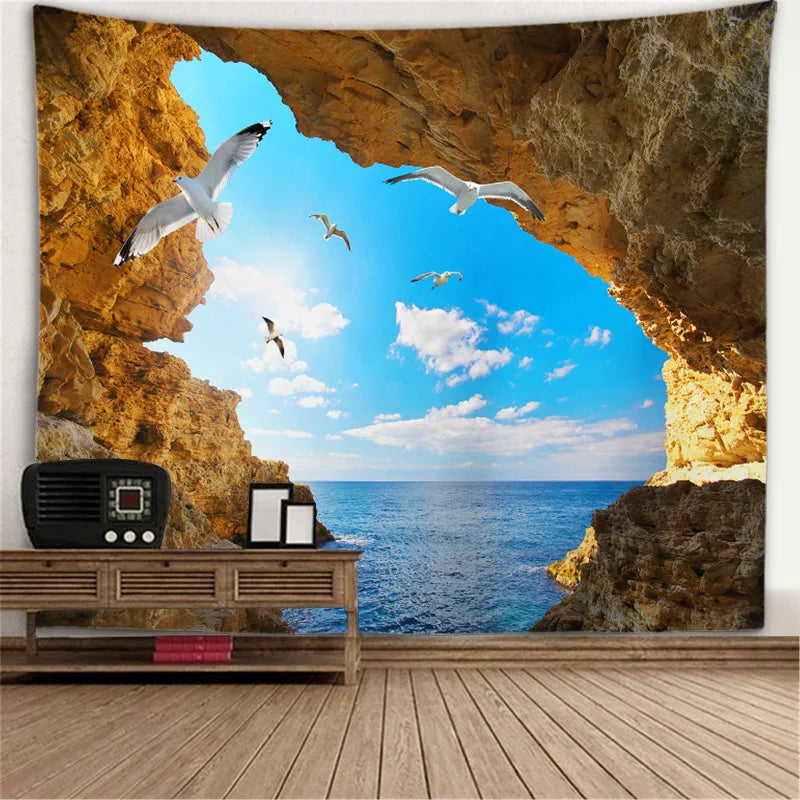 Customized Large Landscape Home Decoration Window Scene Mural Printing Polyester Tapestry Background Wall Cloth Tree Hole Stove