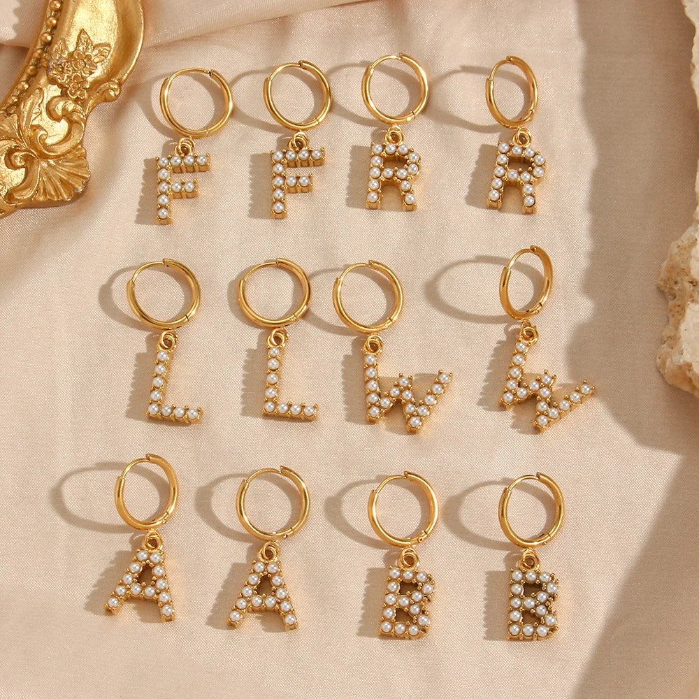 Fresh Water Pearl Initial Letter Earrings Stainless Steel Charm Hoop Earring Gold Plated Jewelry