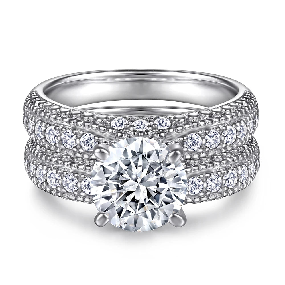 Fine Jewelry Supplier Silver 925 Round Brilliant Cut Rhodium Plated White Zirconia Ring Set for Women Minimalist Wholesale MegaBDM