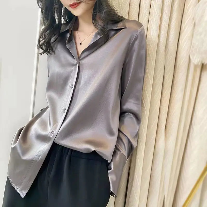 Women's Vintage Style Solid Pattern Satin Blouse Long Sleeve V-Neck Button Tops Front Casual Office Work Shirt for Spring Summer