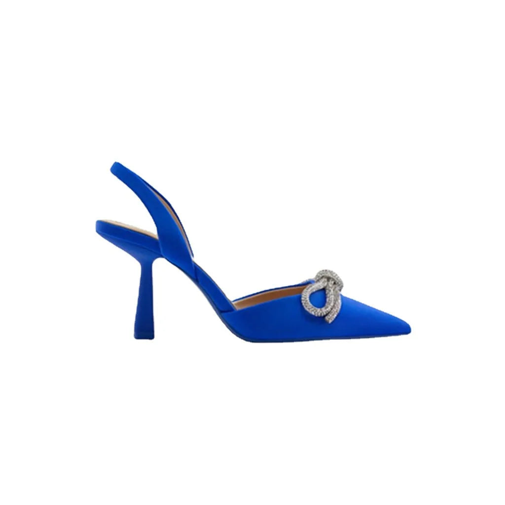New Arrival Pointed Toe Blue Ankle Strap Slingback Women Beautiful High Heeled Sandals