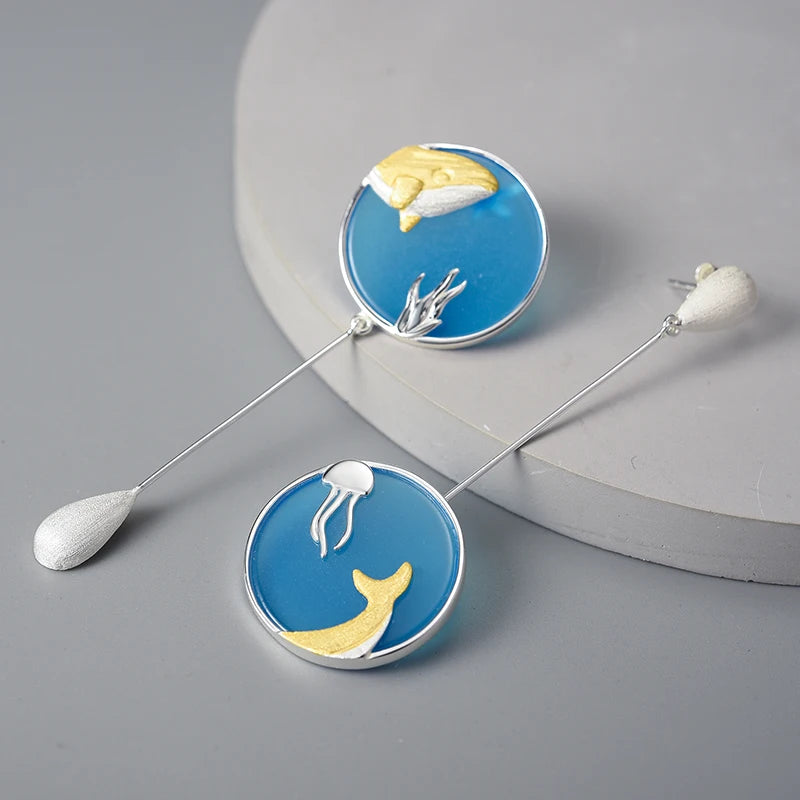 Lotus Fun 925 Sterling Silver Agate Exclusive Gemstone Underwater World Whale Asymmetrical Long Drop Earrings Women Fine Jewelry
