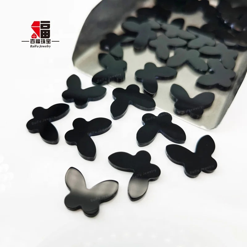 Baifu Jewelry Wholesale Price Double Sides Flat Natural butterfly Black Agate