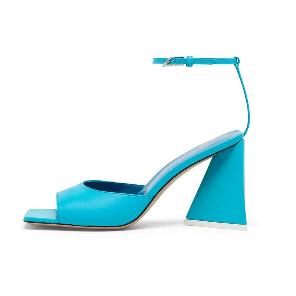 Elegant Fashion Evening Party Shoes Ladies Blue PU Leather Square Toe Pyramid Heel Ankle Strap High Heels Sandals for Women