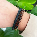 Natural Gemstone 6mm Round Beads Double Row Stainless Steel Genuine Leather Bead Men Bracelets with Magnetic Clasp