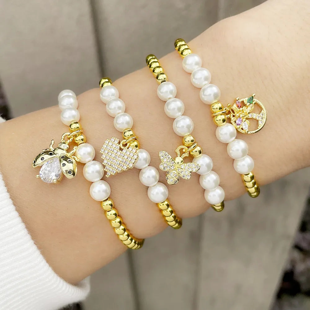 SC 2022 New Bee Peach Heart Pearl Bracelet Personal Design Ladybug Beaded Bracelet Elastic Life Tree Charm Bracelet for Women