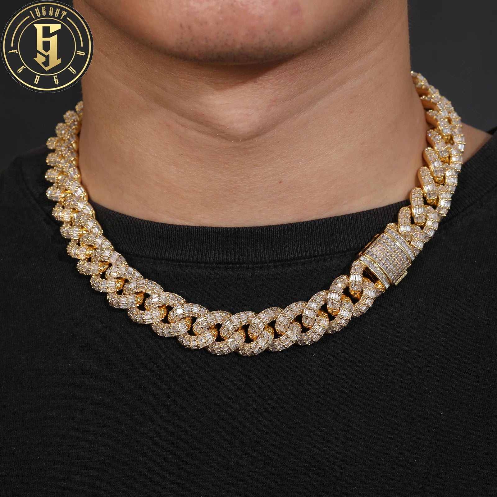 High Quality 15mm 18K Gold Brass Hip Hop Men Women Jewelry Necklace Micro Iced Out Baguette CZ Diamond Cuban Link Chain