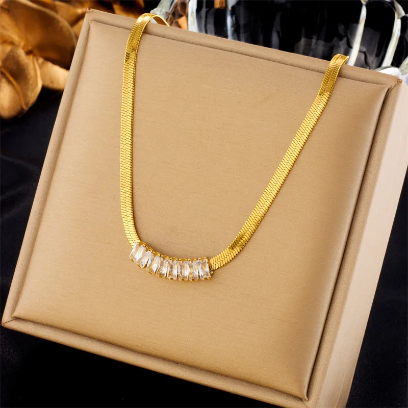 Nabest Stainless Steel Rectangle White Cubic Zirconia Necklace Women Jewelry Waterproof Gold Plated Snake Chain Clavicle Choker
