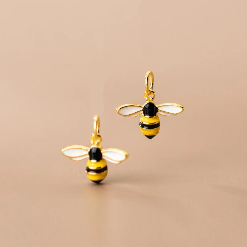 10.5mm Bee Charm Realistic Sterling Silver Enamel Honeybee Pendant Queen Pendant