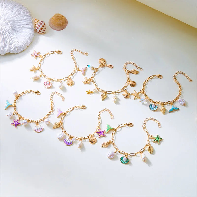 Summer Season Trending Bracelets Gold Plated Enamel Conch Starfish Shell Charm Beach Bracelet for Women Vacation Gift