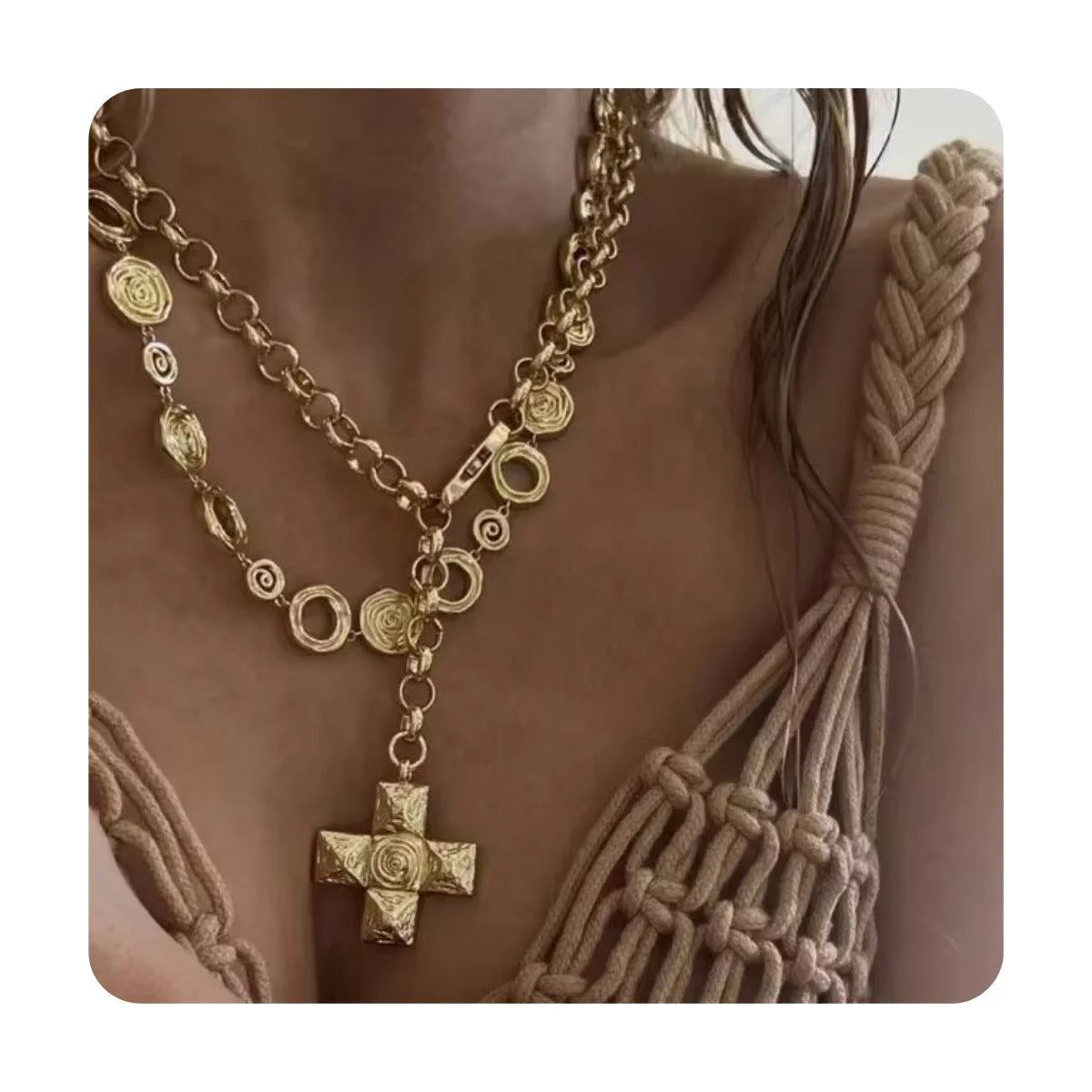 Chunky Fashion Accessories Women Jewelry Non Tarnish Hypoallergenic Sweater Chain Stainless Steel Gold Cross Necklace for Women