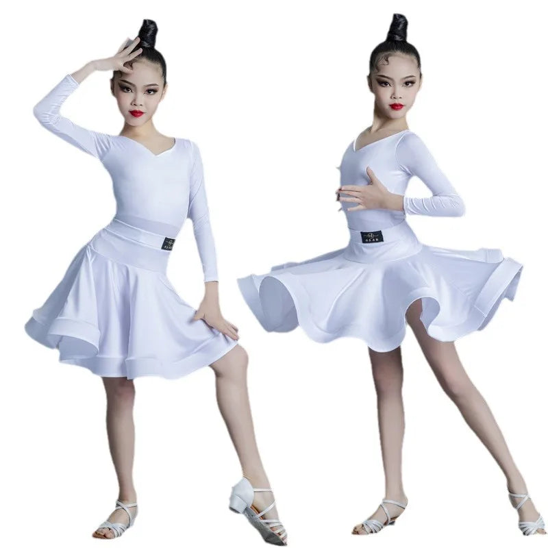 Children Latin Dance Dress Practice Professional Competition Performance Long-sleeved Teenager Latin Dress Set Cha-cha Skirt