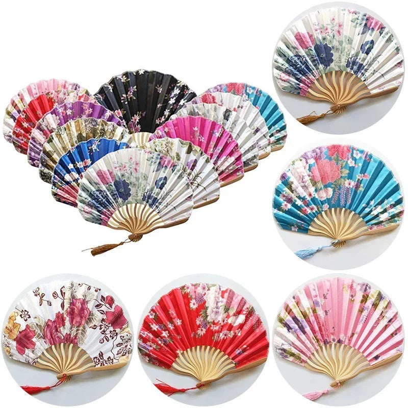 Hot Selling Seashell Flower Hand Fan Foldable Japanese Vintage Flower Wedding Hand Fan  Fabric Bamboo Hand Fans
