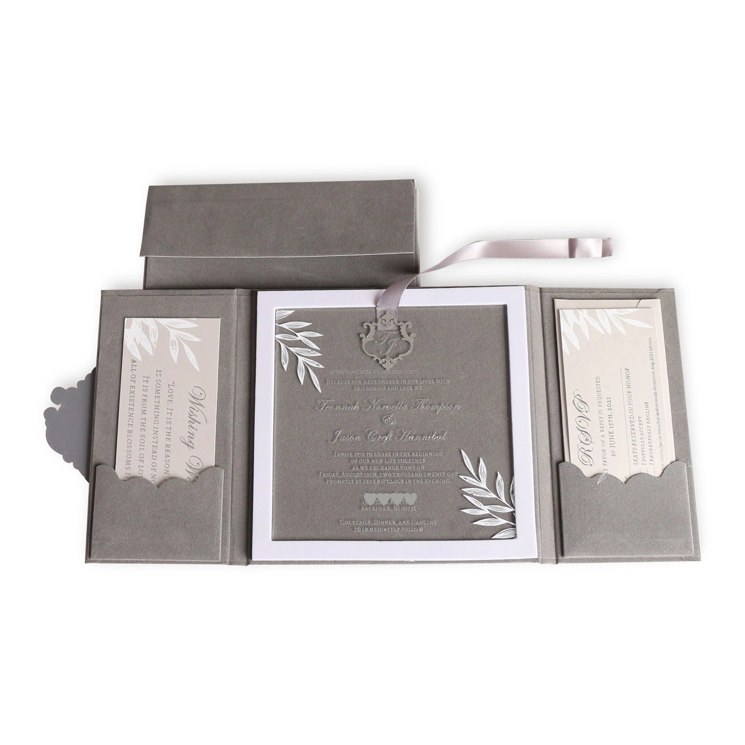Custom Printed Folio Grey Velvet Hardcover Invitation Elegant Handmade Clear Acrylic Wedding Invitations