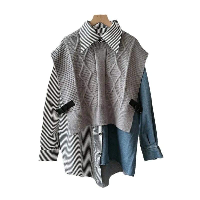 Boutique Wholesale 2026 Autumn New Design Sense Denim Splice Two Piece Set Versatile Slim Women's Sweater