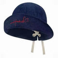 Custom logo Retro Embroidered Upturned Ribbon Denim Fisherman Hat Wide Brim Sun Beach Hats Summer Adjustable Bucket Hat