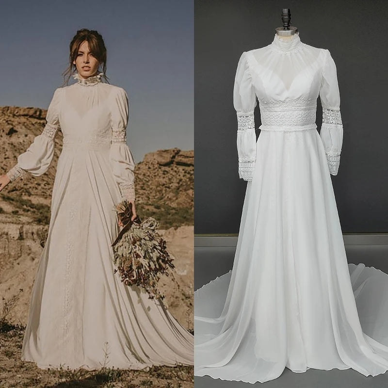 8885# Real Photos Bohemia Sweep Train High Neck Chiffon Trumpet Wedding Dress Illusion Appliques Lace Backless Bridal Gown