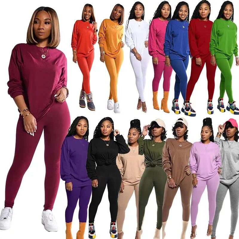 Two Piece Solid Color Women's Clothing Long Sleeve Crew Neck T Shirt Tight Fitting Trousers Pants Simple Style Tracksuit Outfit