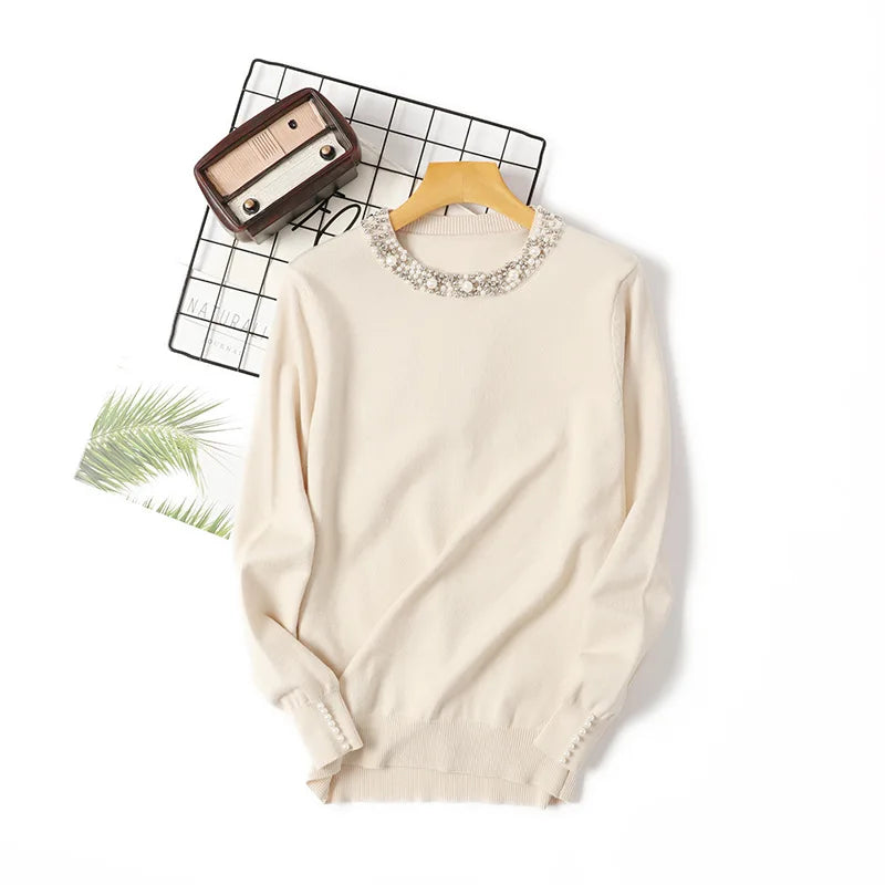 Women's Long Sleeve Sweater with Nailed Bead Detail Autumn Winter Sweet Style Breathable Base Shirt Loose Slimming Temperament
