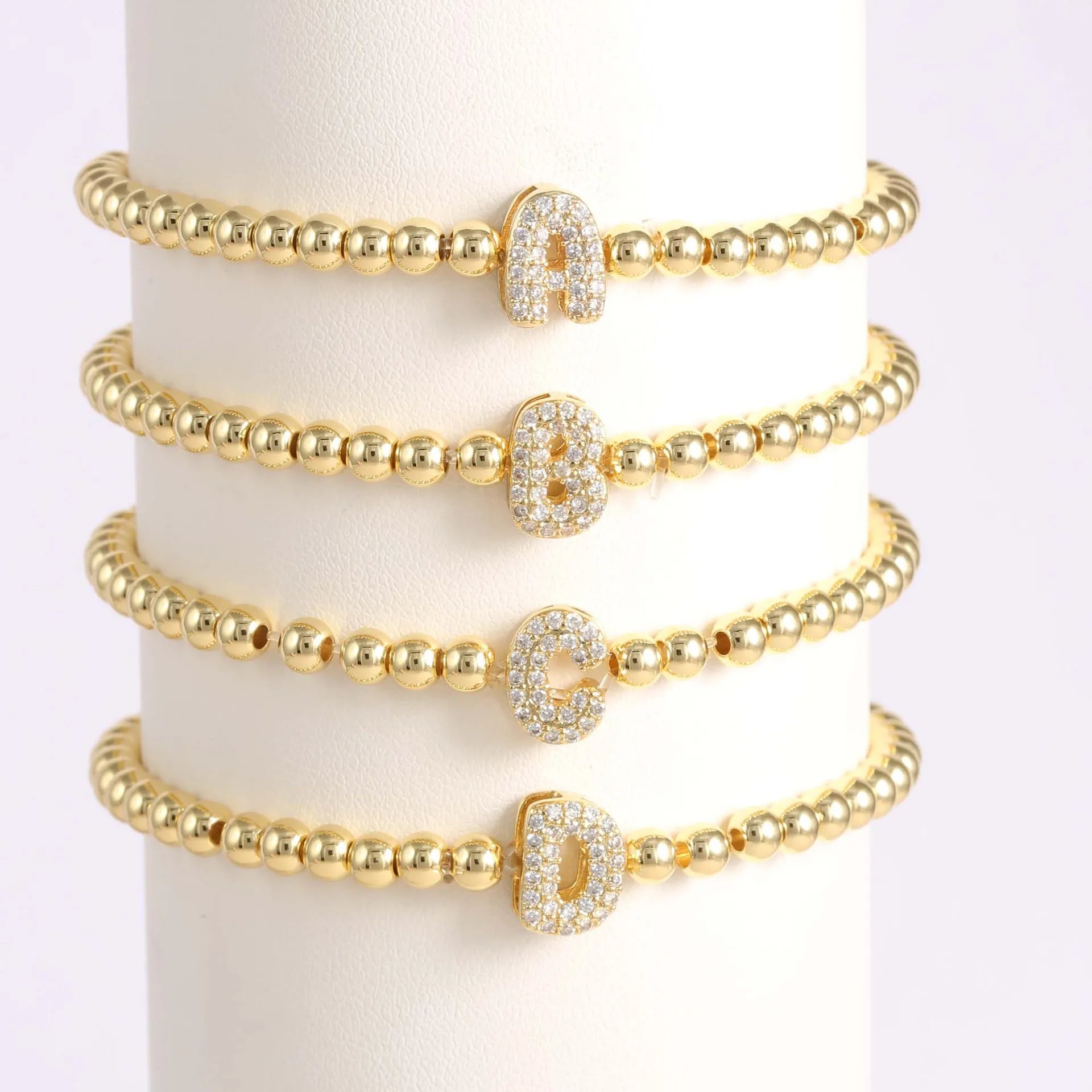 Personalized 18k Gold Plated Zirconia Copper Beaded Bracelet 3D Bubble Initial Letter Bracelet for Christmas Gift
