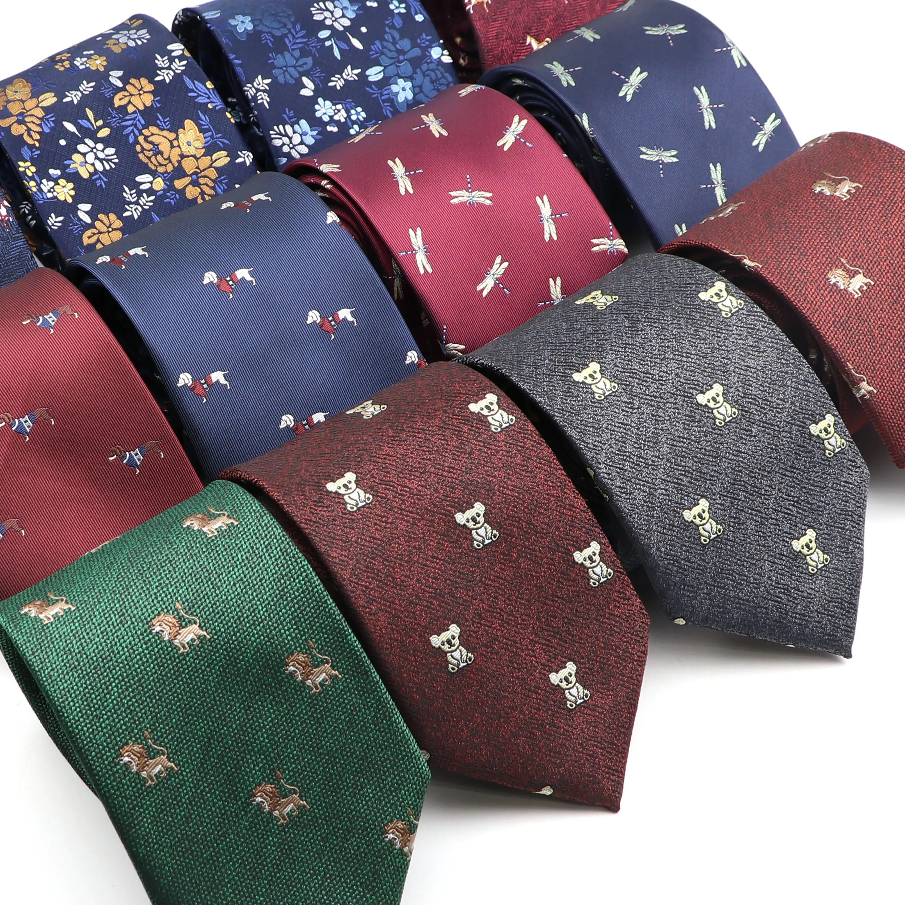 New Arrival Men's Ties Horse Bear Dragonfly Pattern Red Blue Men's Wedding Necktie 8cm Necktie Business Polyester Ties for Men