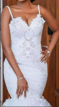 S8307F Customizable Plus Size African Mermaid Wedding Dress Spaghetti Strap Bridal Gown Fish Tail Lace Decoration Chapel Train