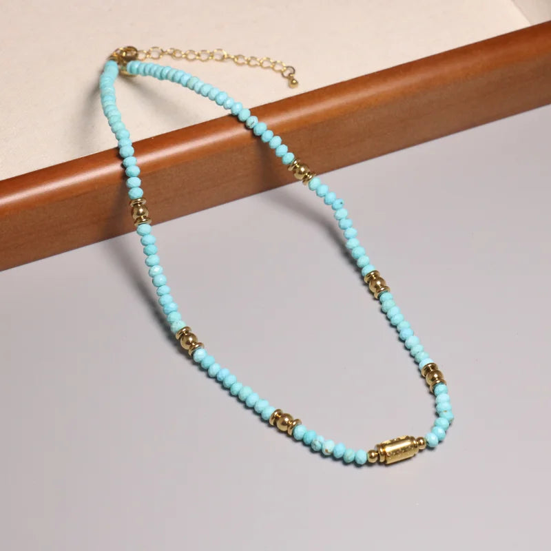 Minimalist Natural Blue Turquoise Beaded Necklace for Women Men 14K Gold Plated Adjustable Chain Healing Stone Energy Choker