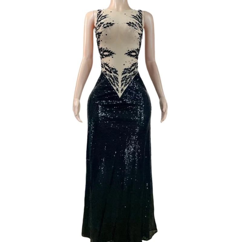 Saias Sexy Sleeveless See Through Sequins Ballroom Dinner Gown Banquet Trailing Dress Ladies Prom Club Dress Long Evening Dress