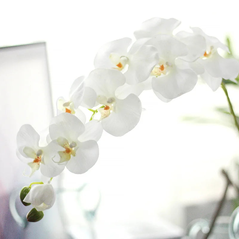 A-1019 Quality Bulk Decorative Cymbidium Real Touch Latex Silk 9 Heads White Artificial Butterfly Orchid Stem Flower for Decor