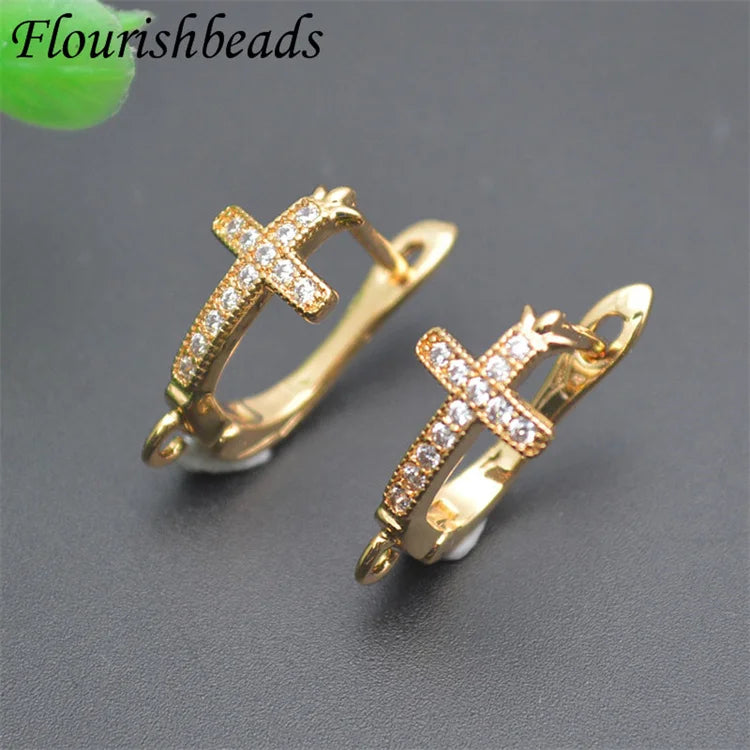 Anti-Rust CZ Pave Gold Silver Plated Cross Clasp Earring Hooks Findings for DIY Woman Jewelry Making