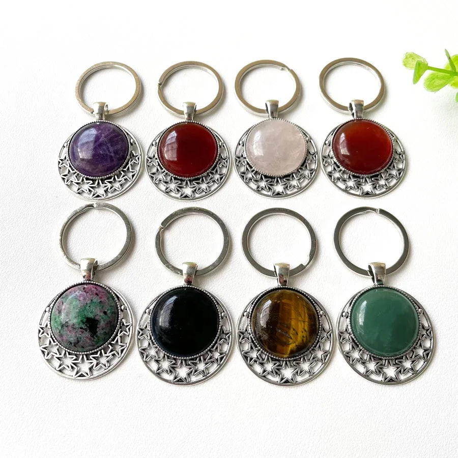Wholesale Gemstone Green Aventurine Cabochon Keychain Mixed Stone Quartz Cabochon Keyring