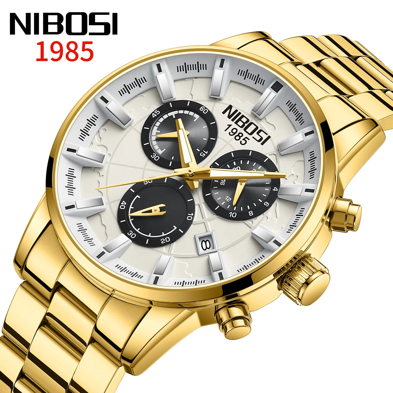 NIBOSI 2590 Mens Creative Earth Dial Fashion Design Stainless Steel Solid Band Straps Wristwatch