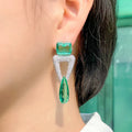 New Trendy Triangle Green Water Drop Cubic Zirconia Long Dangling Drop Earrings for Women Fancy CZ Party Wedding Dress Jewelry MegaBDM